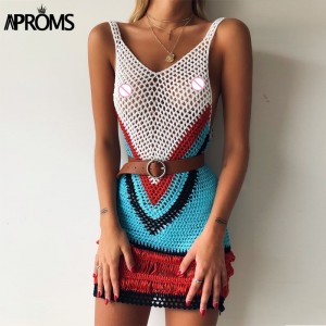 Aproms Bohemian Multi Color-Blocked Women Short Dress Casual Summer Sexy Vneck Sleeveless Tank Dresses Beachwear Sundresses 2020